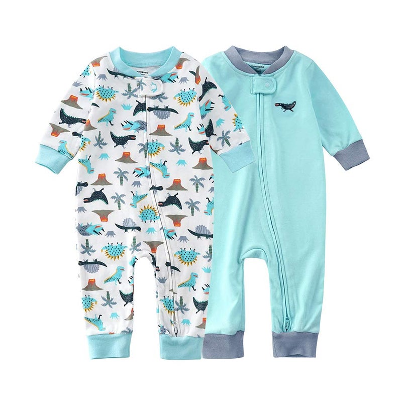 Teach Leanbh Baby 2-Pack Footless Pajamas Cotton Long Sleeve Printing 2 Way Zipper Romper Jumpsuit Sleep and Play 3-24 Months (12-18 Months, Dinosaur) - Image 1